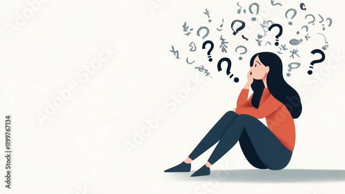 A thoughtful woman with question marks floating around her, sitting against a clean white background