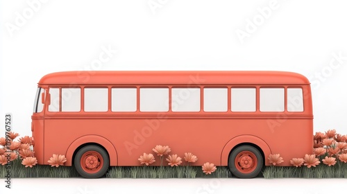 Coral Bus by Flowers - A coral-colored vintage bus sits peacefully amidst a field of flowers.  Simple, clean aesthetic.