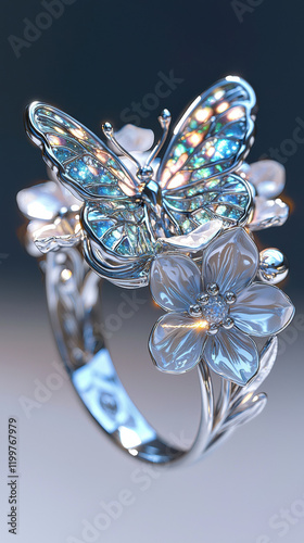Wallpaper Mural silver ring featuring butterfly and flower design, showcasing elegance and beauty Torontodigital.ca