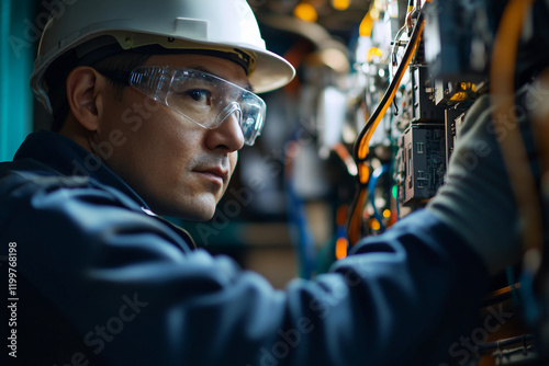 A man in a hard hat works on an electrical panel genertative ai photo