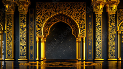 Opulent Gold Columns and Archway on Black Background with Intricate Patterns