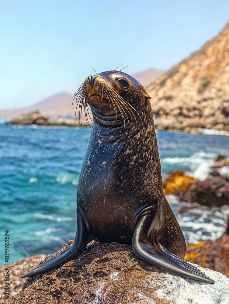 Obraz premium A seal on a rocky coastline, looking towards the ocean.