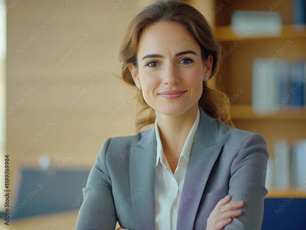 Smiling, young, long-haired professional woman in a suit poses for office portrait. Smiling, young, long-haired professional woman in a suit poses for office portrait.