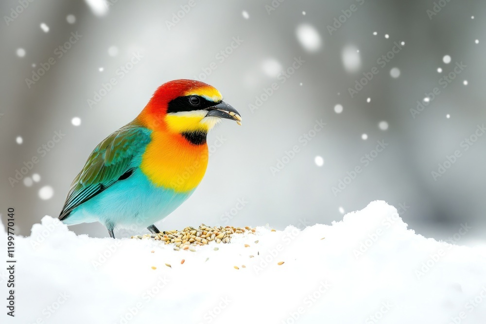 Obraz premium Colorful Bird in Snowy Landscape During Winter