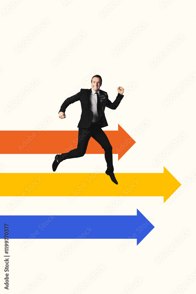 Vertical photo collage of happy businessman run arrow development pointer success variant growth promotion career direction