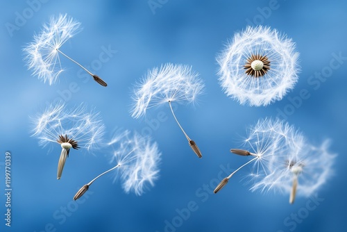 Dandelion seeds floating on blue background. photo