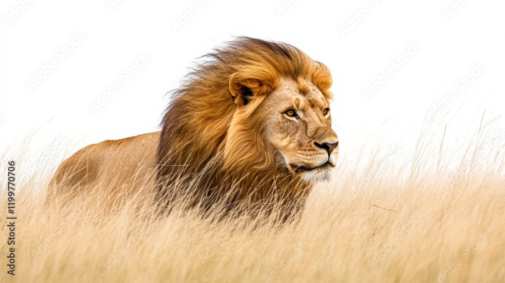 A lion stalking through tall grass, isolated on white, A lion stalking through tall grass, isolated on white,
