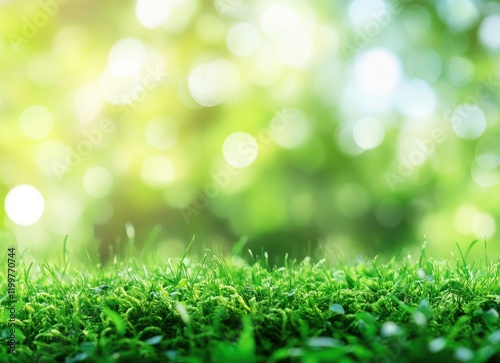 Beautiful green moss background with blurred bokeh, close-up, macro shot. Nature background. Forest floor, green grass. 