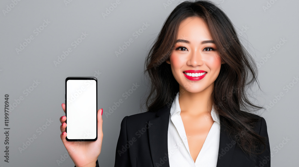 Asian female adult holding smartphone with blank screen in business attire Asian female adult holding smartphone with blank screen in business attire