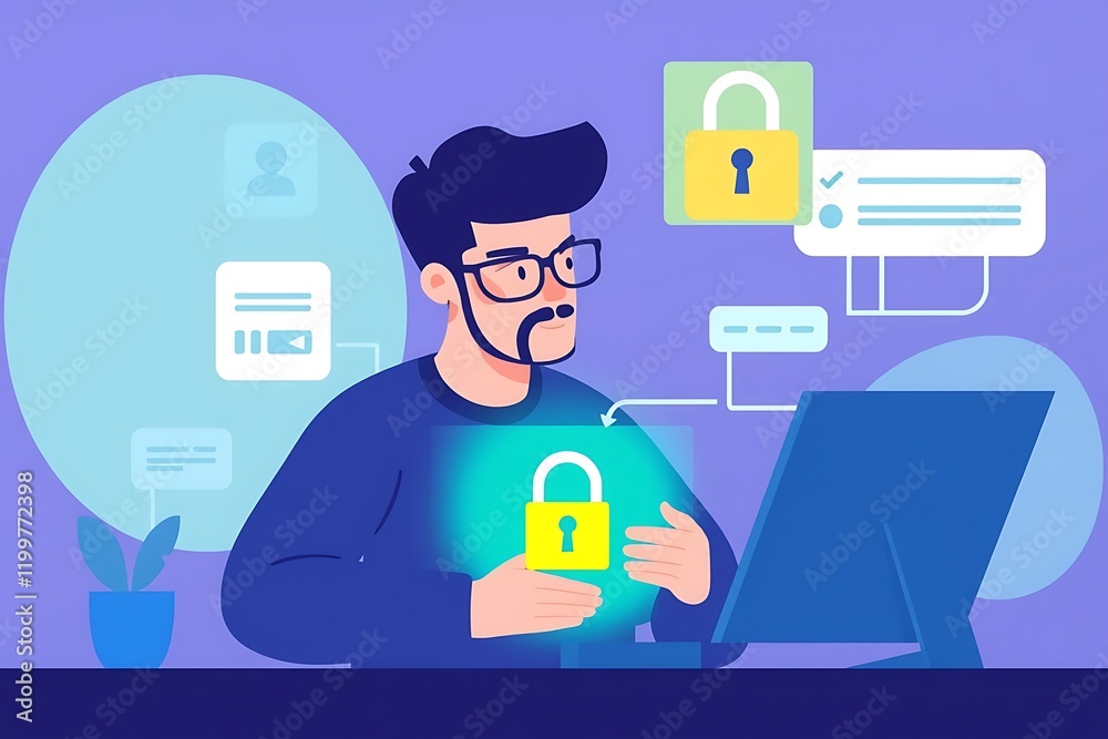 Cybersecurity Expert at Work: A focused illustration of a male cybersecurity professional safeguarding digital data, depicted with a glowing padlock icon. Cybersecurity Expert at Work: A focused illustration of a male cybersecurity professional safeguarding digital data, depicted with a glowing padlock icon.