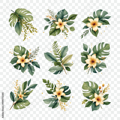 Watercolor vector plants flowers isolated on transparent background. Floristic elements