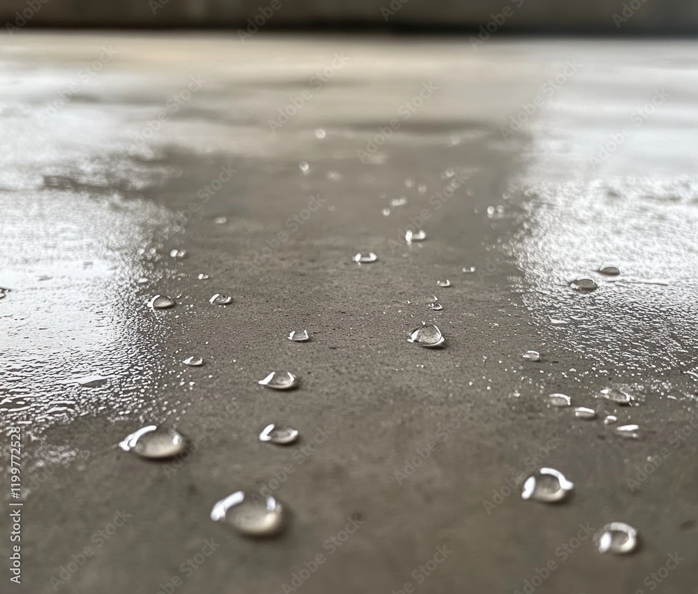 Water droplets on a newly sealed concrete floor. Water droplets on a newly sealed concrete floor.