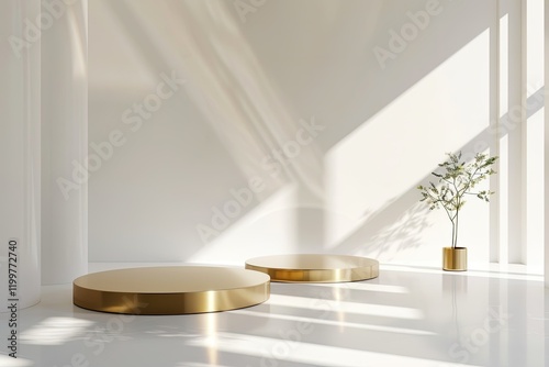 High Quality Image of Dual Golden Podiums in Minimalist White Room with Natural Light