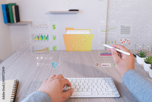 executive holding a stylus and manipulating business data on a holographic display. first person view. subjective shot