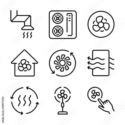 Home ventilation system vector icons set. Ventilation outline icons collection. Includes air conditioner, air dryer, air duct, cooling fan, exhaust fan