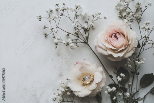 Wedding rings nestled in delicate roses and baby's breath on marble.