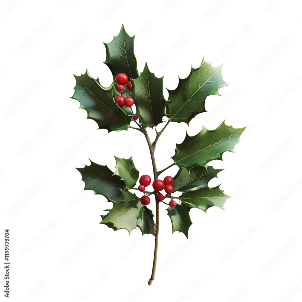 A sprig of holly with vibrant green leaves and bright red berries perfect for Christmas decorations or winter themed designs A sprig of holly with vibrant green leaves and bright red berries perfect for Christmas decorations or winter themed designs