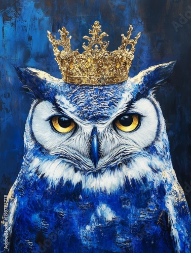 Majestic Blue Owl with Golden Crown - A regal blue owl, adorned with a golden crown, symbolizes wisdom, power, royalty, and majesty.  Its intense gaze conveys authority and knowledge. photo