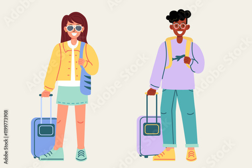 Woman and african american man traveling with suitcase hand drawn