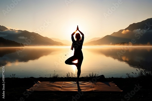 Der Schatten einer Person auf einer Yogamatte zeichnet sich vor einem stillen See im Sonnenaufgang ab, umgeben von nebelverhangenen Bergen. Das Bild symbolisiert Balance, Achtsamkeit und innere Stärke