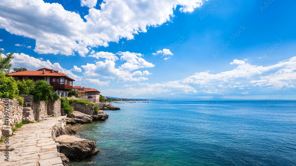 Nessebar Coastal Houses and Sunny Sky - Picturesque old houses line the coast, a serene seascape under a vibrant blue sky, symbolizing history, tranquility, beauty, summer, and coastal charm. Nessebar Coastal Houses and Sunny Sky - Picturesque old houses line the coast, a serene seascape under a vibrant blue sky, symbolizing history, tranquility, beauty, summer, and coastal charm.