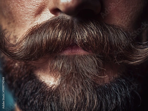 A close-up image of a man with a well-groomed mustache and beard, emphasizing facial hair as a fashion statement.