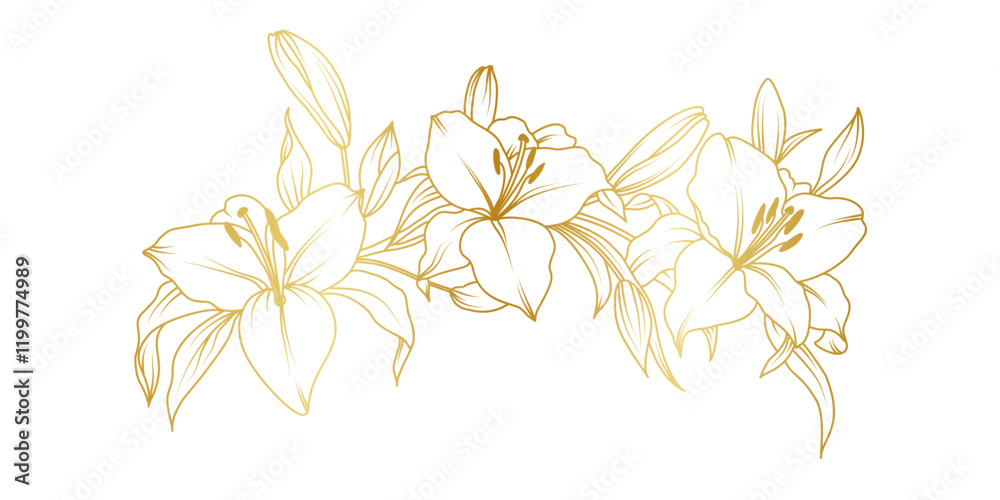 Golden lily flowers line art isolated on white background. Luxury lilies floral design elements for invitation, wedding, wallpaper, print template, vector illustration