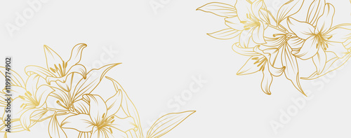Luxury gold lily flowers background. Floral pattern tropical in line art style for greeting, invitation, wedding card, wall art, wallpaper and print. Vector illustration