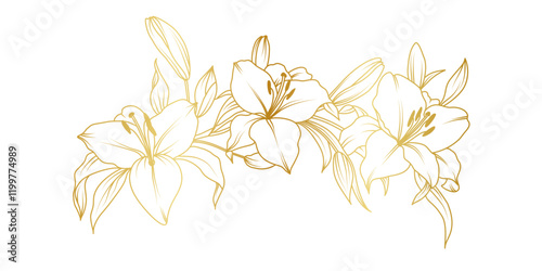 Golden lily flowers line art isolated on white background. Luxury lilies floral design elements for invitation, wedding, wallpaper, print template, vector illustration