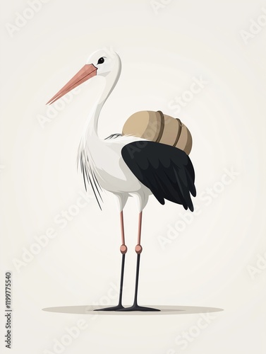 A whimsical illustration features a stork delivering a bundle, showcasing its elegant form and playful charm in a minimalistic design. photo