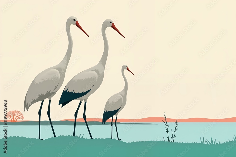Obraz premium This artwork features a serene scene with three cranes standing near water, highlighting the beauty of traditional crane painting in a minimalist style.