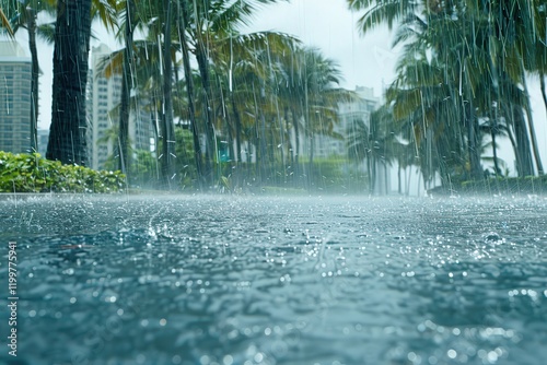 A rainy day in a city with palm trees