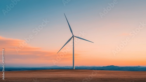 Global warming carbon crisis concept. A solitary wind turbine stands against a colorful sunset, symbolizing renewable energy and sustainable technology. photo