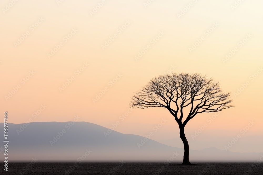 Global warming carbon crisis concept. A solitary tree stands against a soft pastel sky, framed by distant mountains, evoking tranquility and a sense of isolation. Global warming carbon crisis concept. A solitary tree stands against a soft pastel sky, framed by distant mountains, evoking tranquility and a sense of isolation.