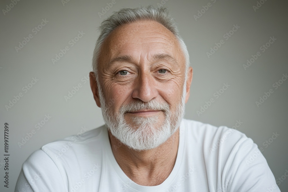 Smiling senior man with a beard wearing a white shirt in a bright, neutral setting Smiling senior man with a beard wearing a white shirt in a bright, neutral setting
