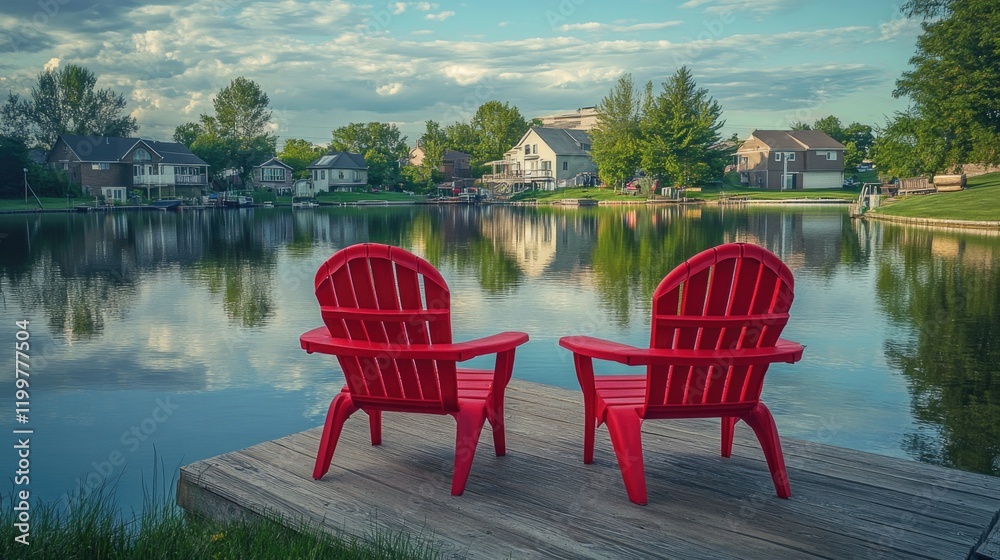 Red chairs facing lake on dock Red chairs facing lake on dock