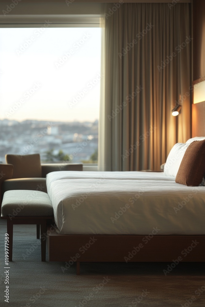 Fototapeta premium The image depicts a well-lit, modern hotel room with a large window offering a stunning view of the city skyline. The bedroom is furnished with two double beds and contemporary decor