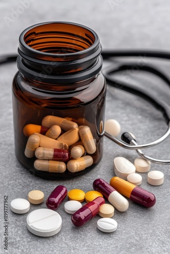 Pills in bottle with stethoscope on grey background. photo