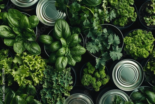 Colorful array of fresh herbs in cans, showing variety and use for cooking. photo