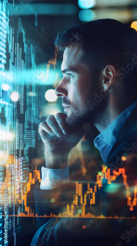 Businessman analyzing financial market data and computer code displayed on a futuristic transparent screen, concept of fintech and data analysis