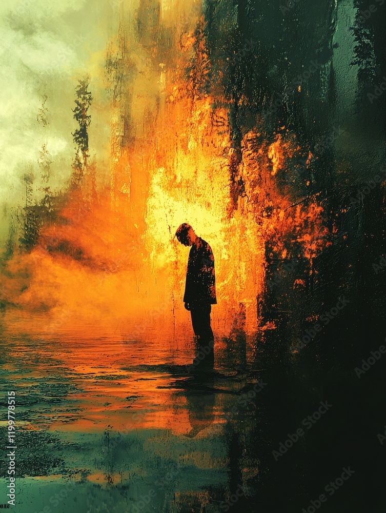 A lone figure stands dejected amidst a fiery landscape. Orange and green hues blend in this evocative artwork. Suitable for album covers or book illustrations. A lone figure stands dejected amidst a fiery landscape. Orange and green hues blend in this evocative artwork. Suitable for album covers or book illustrations.