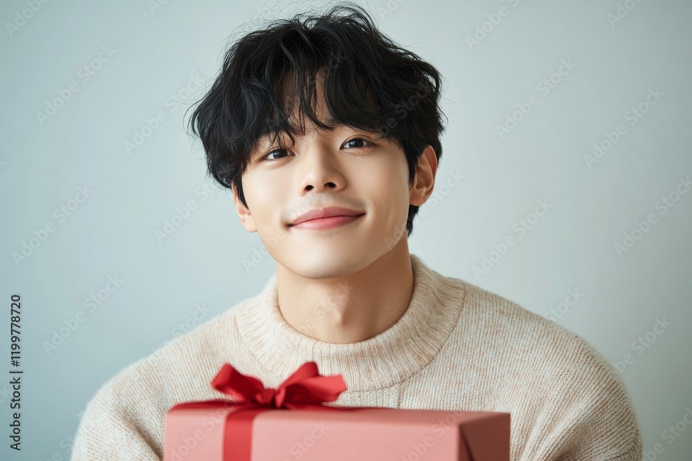 Young man with a cheerful smile holds a beautifully wrapped gift in a cozy indoor setting during a festive season Young man with a cheerful smile holds a beautifully wrapped gift in a cozy indoor setting during a festive season