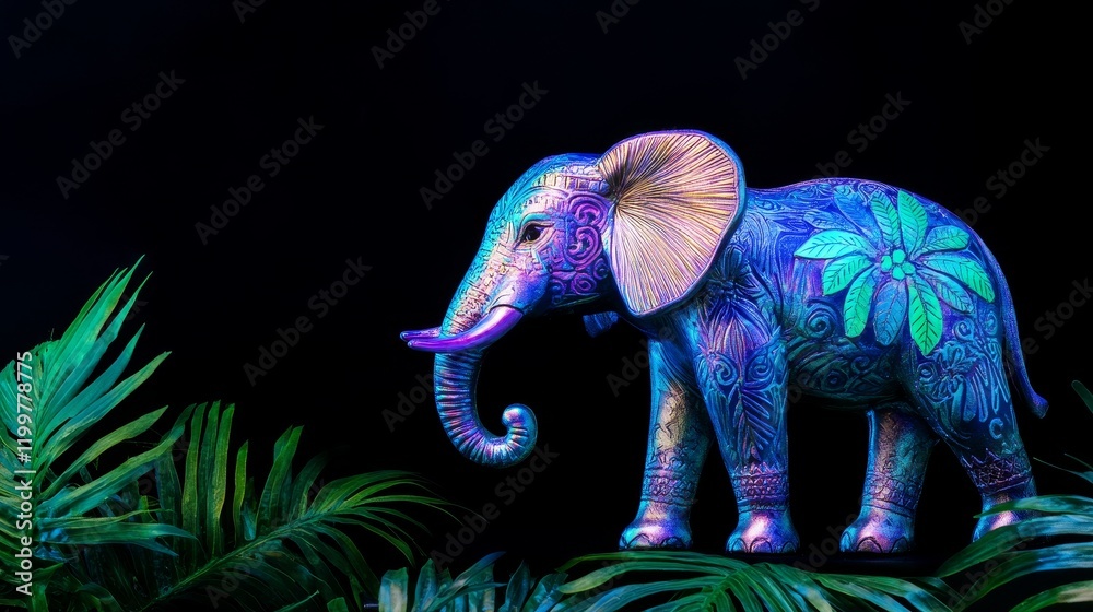 Obraz premium Ornate Elephant Figurine - A vibrant, iridescent elephant figurine adorned with intricate floral patterns, set against a dark background with lush tropical leaves.