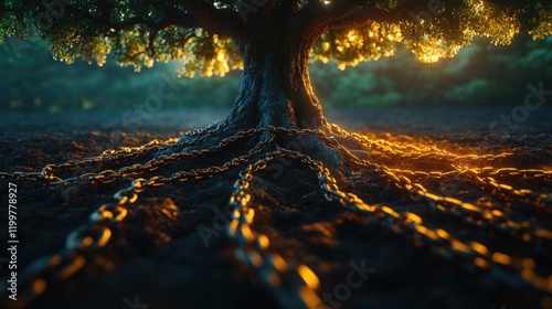 Ancient tree roots bound by glowing chains.