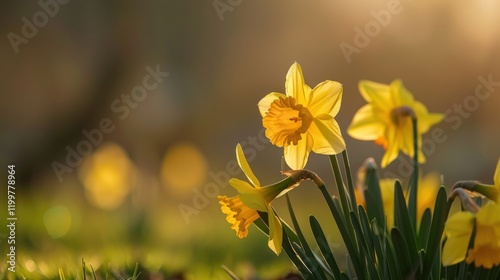 Golden daffodils blooming in garden sunset