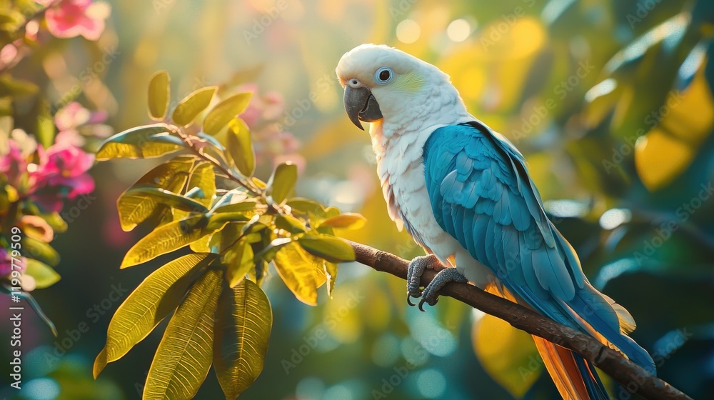 Vibrant parrot perched on a branch amidst foliage Vibrant parrot perched on a branch amidst foliage