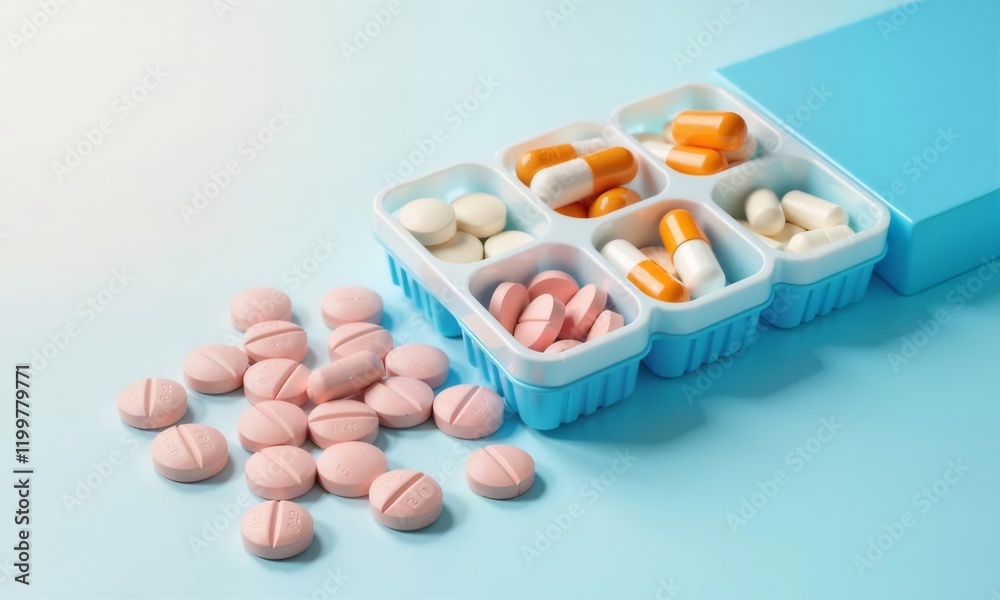 Pills in organizer, medical treatment, healthcare. Pills in organizer, medical treatment, healthcare.