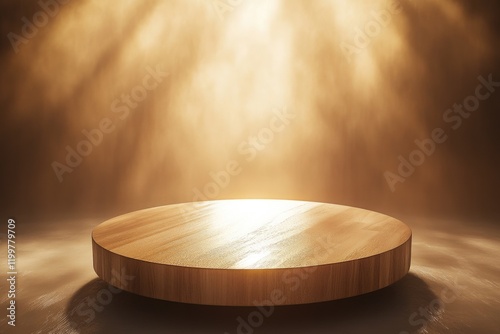Close-up of a circular wooden table bathed in golden sunlight, with rays shining down through the grain and reflecting off the surface. Symbolizes tranquility or meditation.