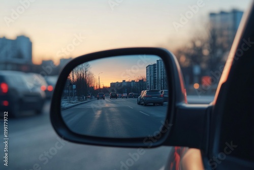 Sunset reflected in a car's side mirror, showing city traffic.
