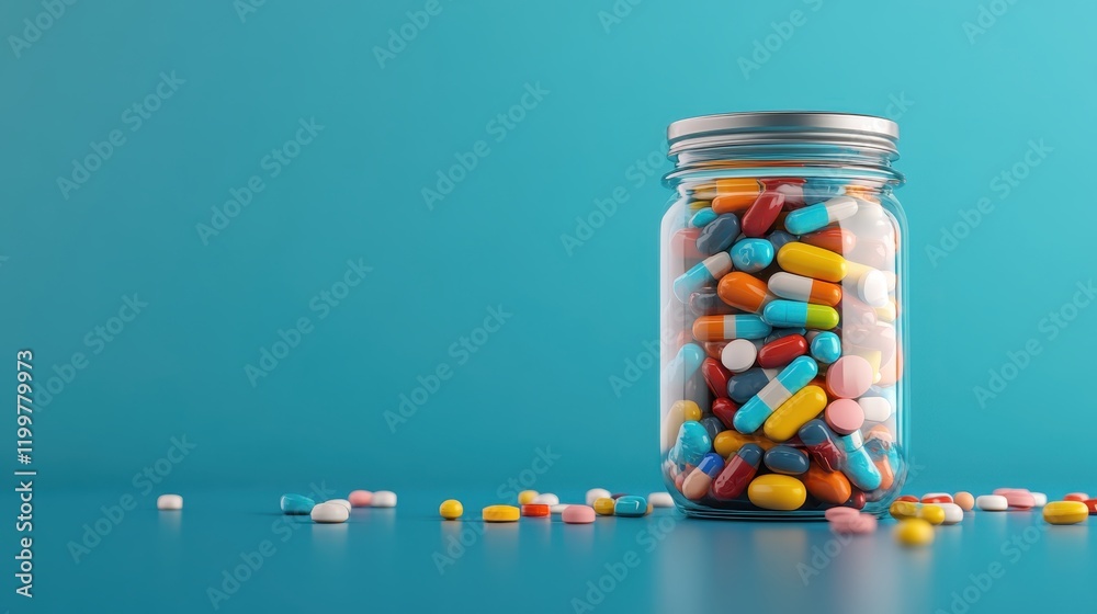 Colorful pills in a glass jar on blue background. Colorful pills in a glass jar on blue background.